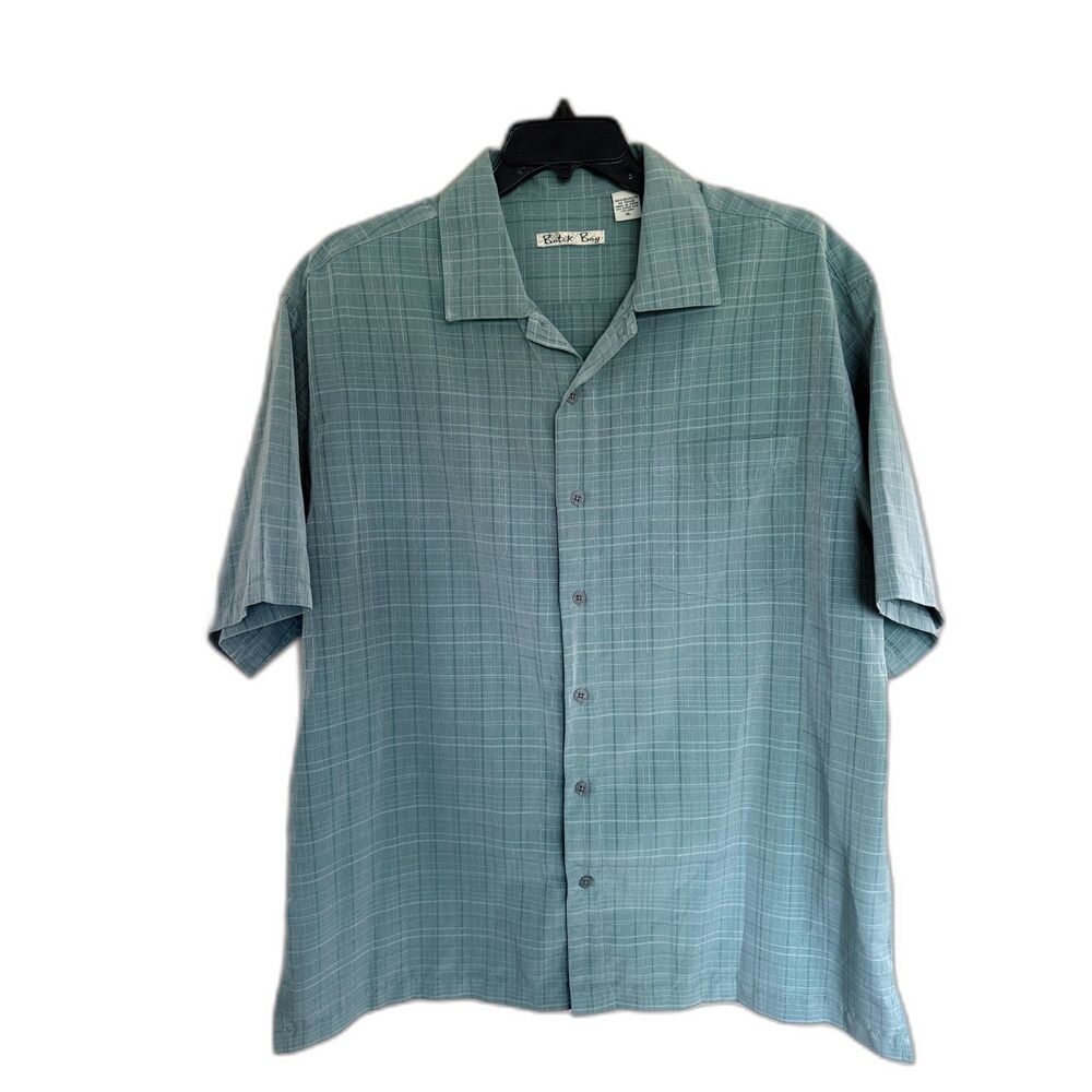 Batik Bay Men's XL Short Sleeve Button Down‎ Shirt Sage Green Textured Grid